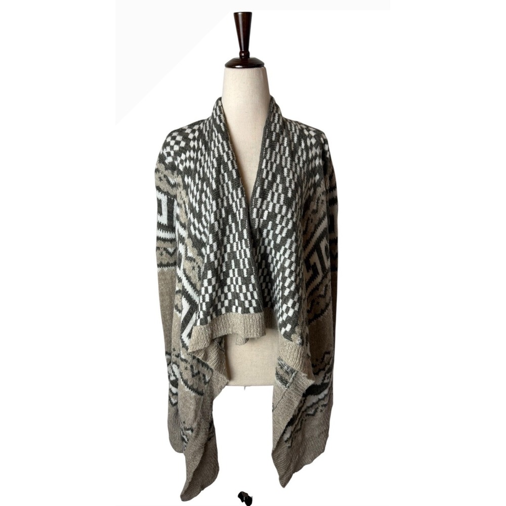 Abercrombie & Fitch Cardigan Sweater Women Medium Tan Grey Waterfall Aztec Knit - Picture 2 of 10